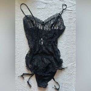 Vintage Black Lace Bodysuit with Garter Detail - Women Intimates